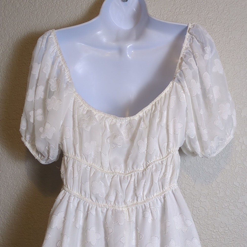 Princess Polly Kenny white floral jacquard mini short puff sleeve dress - Picture 14 of 15